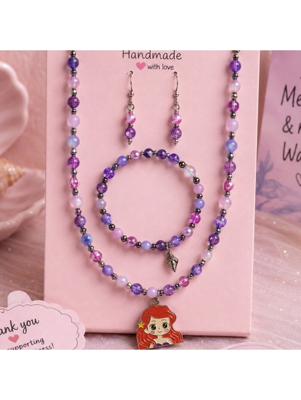 Little Mermaid Ariel Girls Seashell Necklace Bracelet Earrings Set